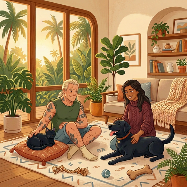 Illustration of two pet sitters in a cozy sunlit living room with a black cat on a cushion and a happy black dog